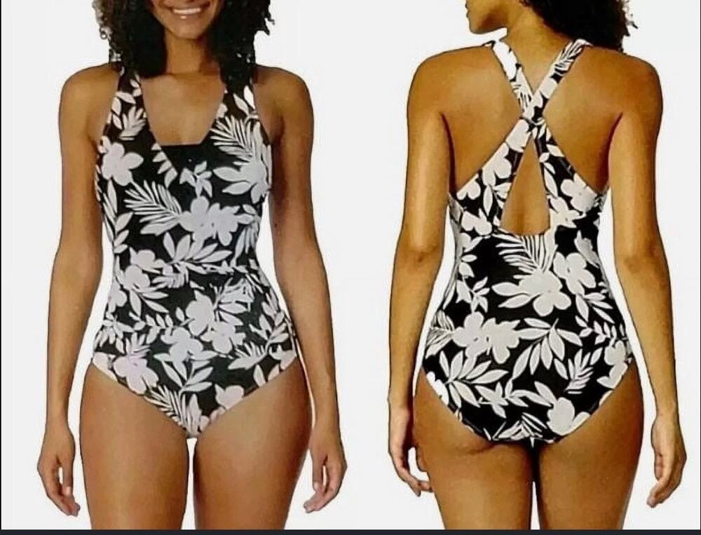 Lands End Women's Ruched Tummy Flattering  Crossback Swimsuit Black/white Large